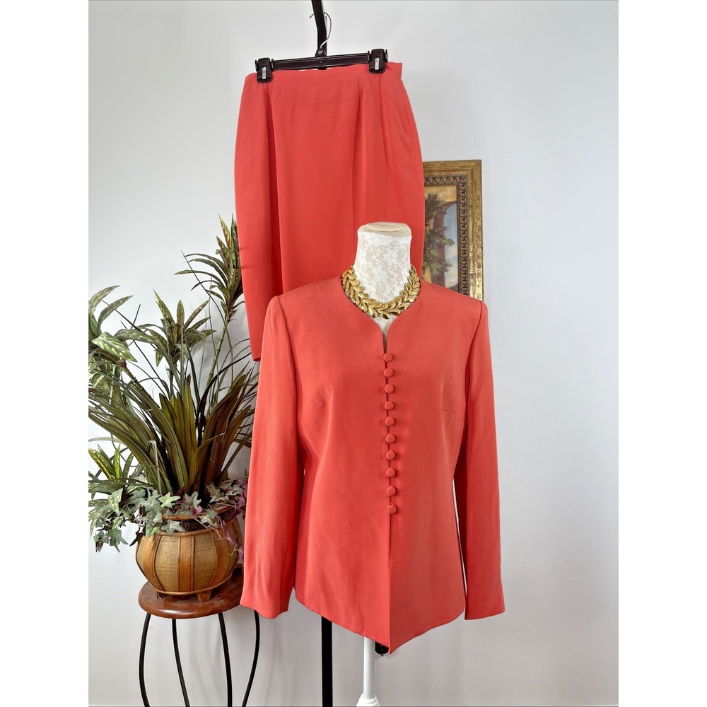 Jones New York Women Size 10 Coral Orange Skirt Suit Silk Blend Career 2 Piece